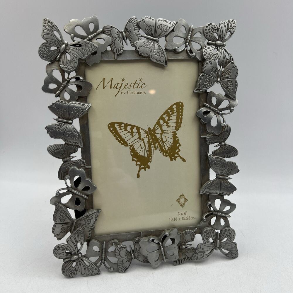 Vintage Silver Pewter Butterfly Sculpted Picture Frame Insects Garden 4x6"
